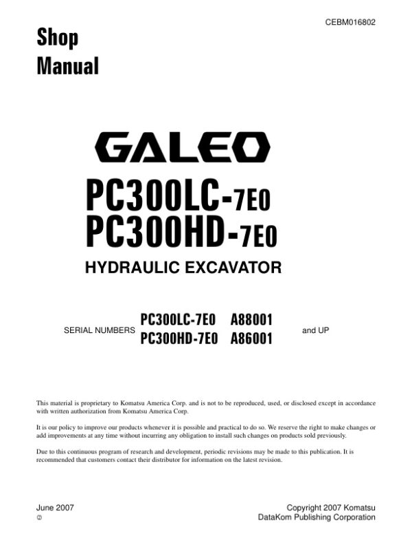 Service manual Komatsu PC300LC-7E0 A88001 & Up, PC300HD-7E0 A86001 & Up | CEBM016802