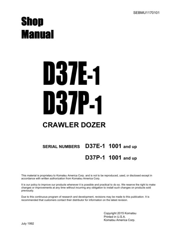 Service manual Komatsu D37E-1, D37P-1 1001 & Up | SEBMU1170101