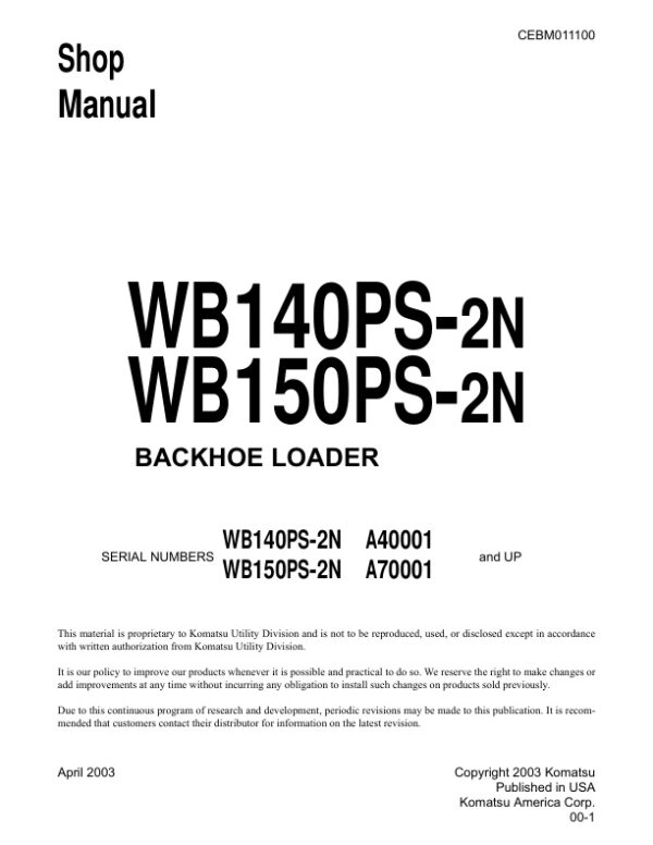 Service manual Komatsu WB140PS-2N A40001 & Up, WB150PS-2N A70001 & Up | CEBM011100