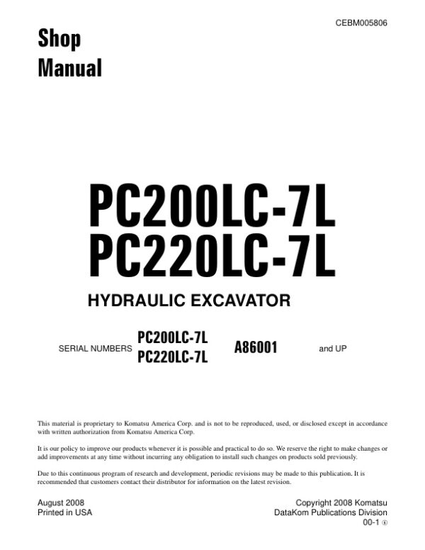 Service manual Komatsu PC200LC-7L, PC220LC-7L A86001 & Up | CEBM005806