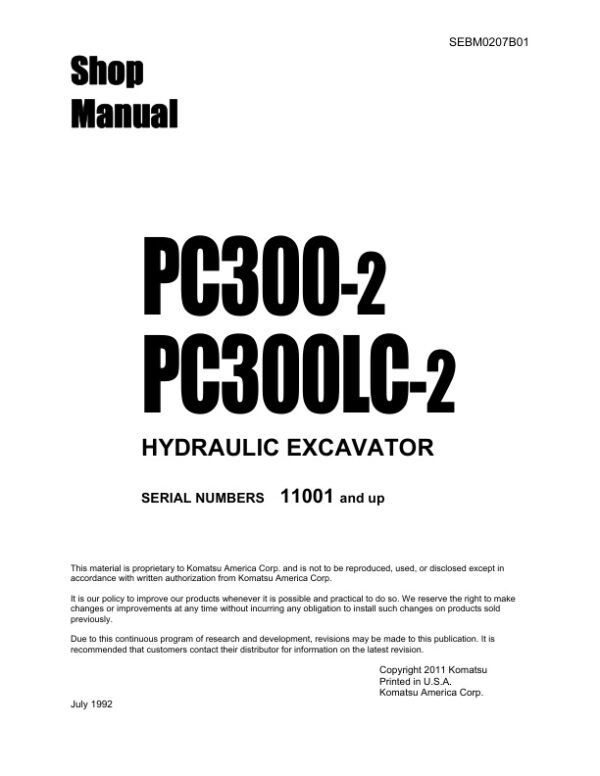 Service manual Komatsu PC300-2, PC300LC-2 11001 & Up | SEBM0207B01