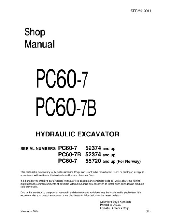 Service manual Komatsu PC60-7, PC60-7B | SEBM010911