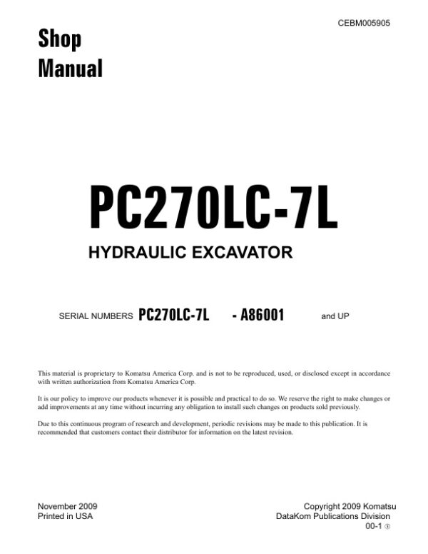 Service manual Komatsu PC270LC-7L A86001 & Up | CEBM005905