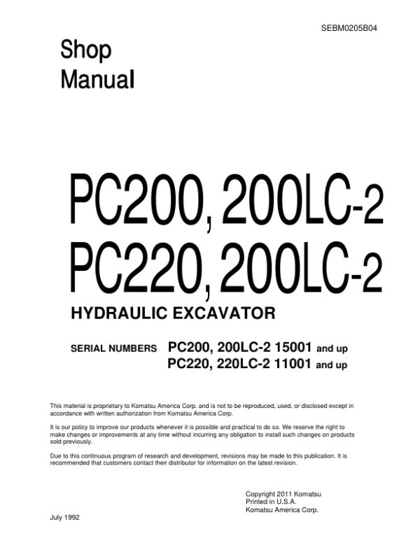 Service manual Komatsu PC200, 200LC-2 15001 & Up, PC220, 220LC-2 11001 & Up | SEBM0205B04