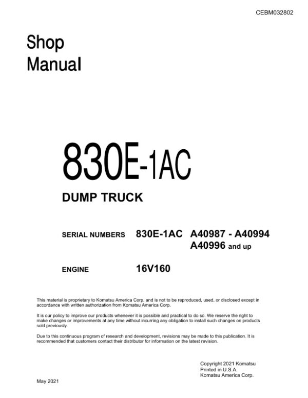 Service manual Komatsu 830E-1AC A40987-A40994, A40996 & Up | CEBM032802