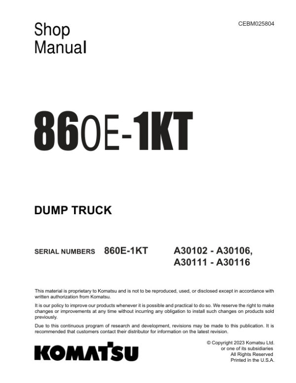 Service manual Komatsu 860E-1KT A30102-A30106, A30111-A30116 | CEBM025804