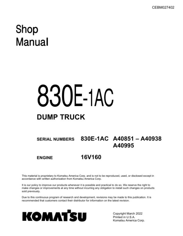 Service manual Komatsu 830E-1AC A40851-A40938 A40995 | CEBM027402