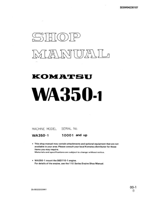 Service manual Komatsu WA350-1 10001 & Up | SEBM04230107