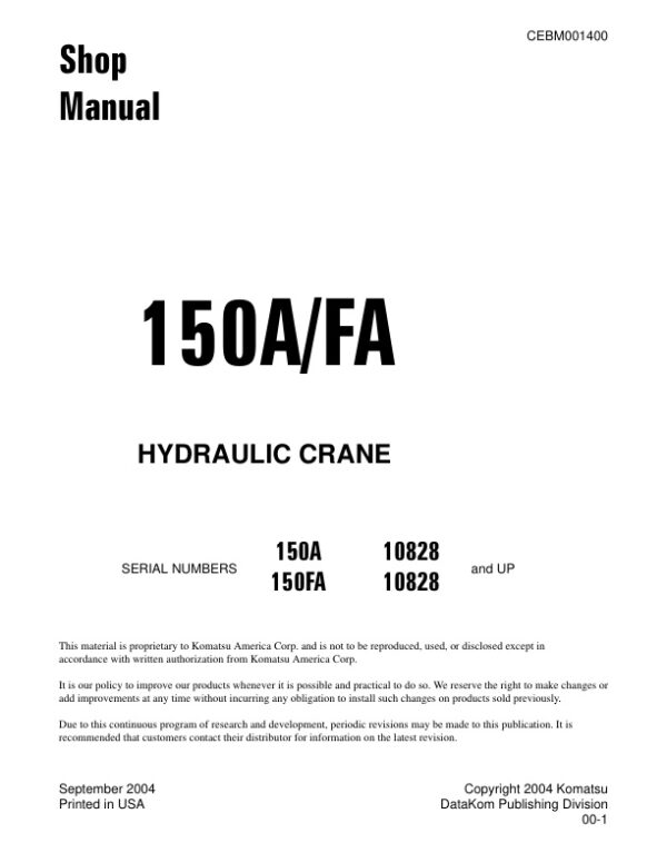 Service manual Komatsu 150A, 150FA 10828 & Up | CEBM001400