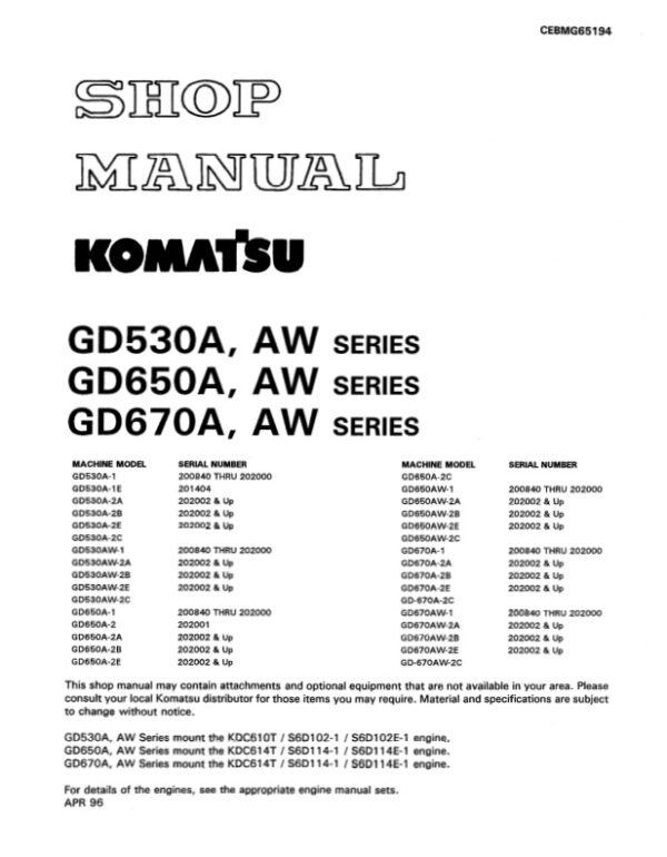 Service manual Komatsu GD530A, GD650A, GD67OA, AW SERIES | CEBMG65194