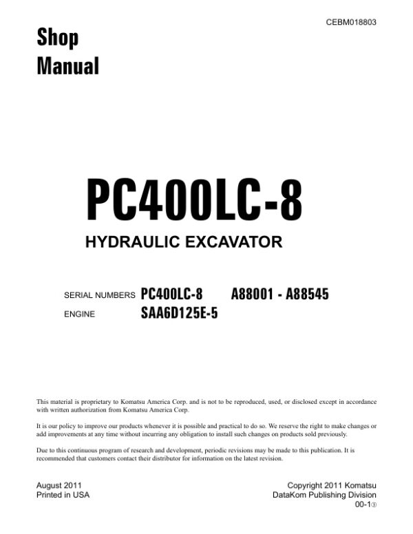 Service manual Komatsu PC400LC-8 A88001-A88545 | CEBM018803