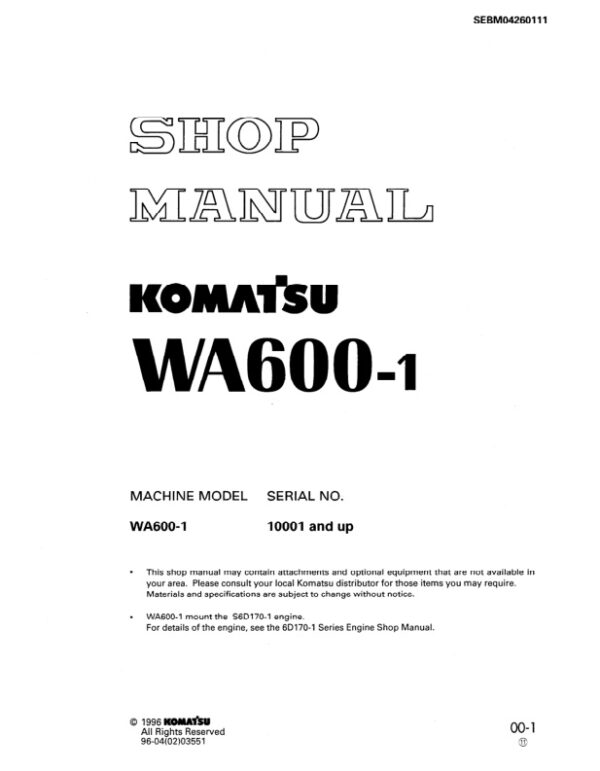 Service manual Komatsu WA600-1 10001 & Up | SEBD04260111