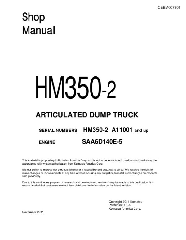 Service manual Komatsu HM350-2 A11001 & Up | CEBM007801