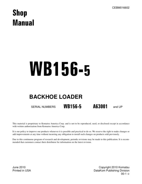 Service manual Komatsu WB156-5 A63001 & Up | CEBM016602