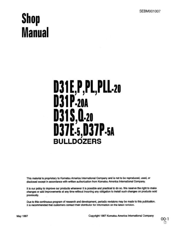 Service manual Komatsu D31E-20, D31P-20, D31PL-20, D31PLL-20, D31P-20A, D31S-20, D31Q-20, D37E-5, D37P-5A | SEBM001007