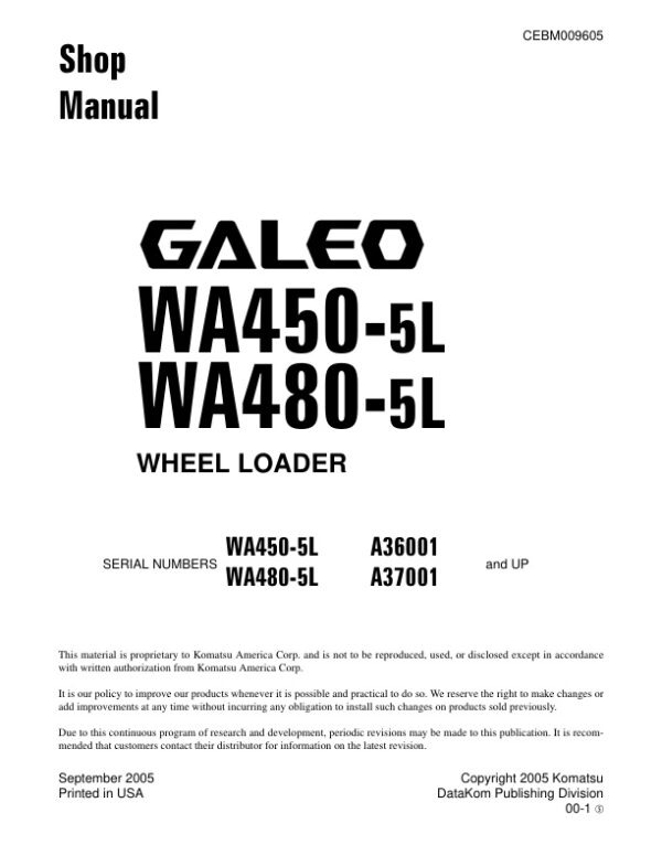 Service manual Komatsu WA450-5L A36001 & Up, WA480-5L A37001 & Up | CEBM009605