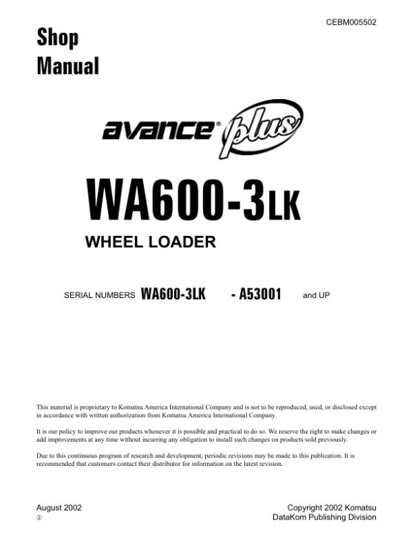 Service manual Komatsu WA600-3LK A53001 & Up | CEBM005502