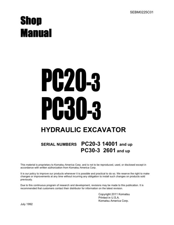 Service manual Komatsu PC20-3 14001 & Up, PC30-3 2601 & Up | SEBM0225C01