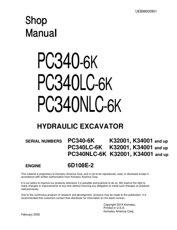 Service manual Komatsu PC340-6K, PC340LC-6K, PC340NLC-6K | UEBM000901