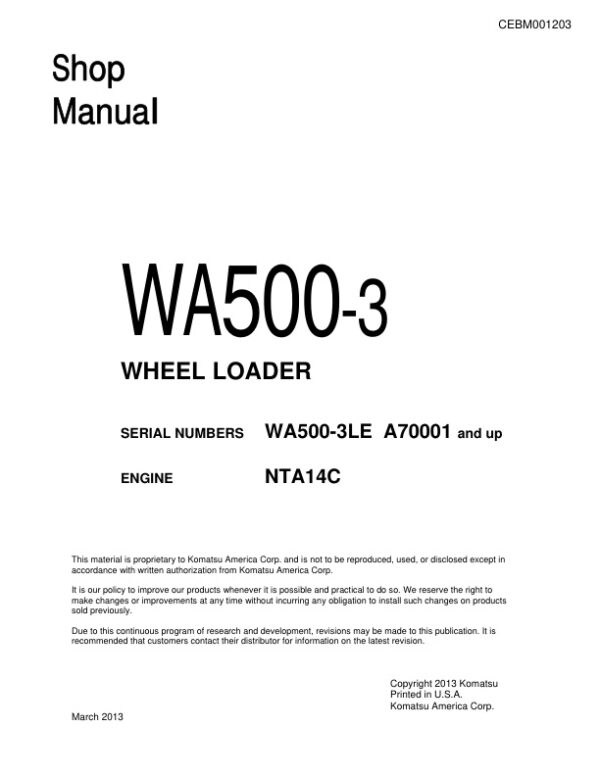 Service manual Komatsu WA500-3, WA500-3LE A70001 & Up | CEBM001203