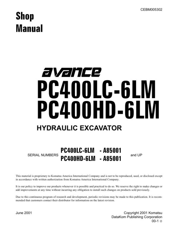 Service manual Komatsu PC400LC-6LM, PC400HD-6LM A85001 & Up | CEBM005302