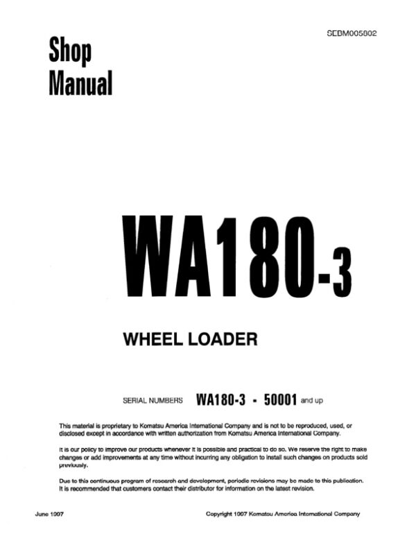 Service manual Komatsu WA180-3 50001 & Up | SEBM005802