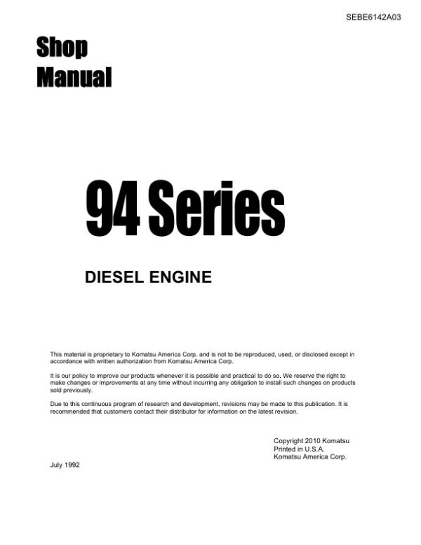 Service manual Komatsu 2D94-2, 3D94-2, 4D94-2, 4D94-3, 94 Series | SEBE6142A03