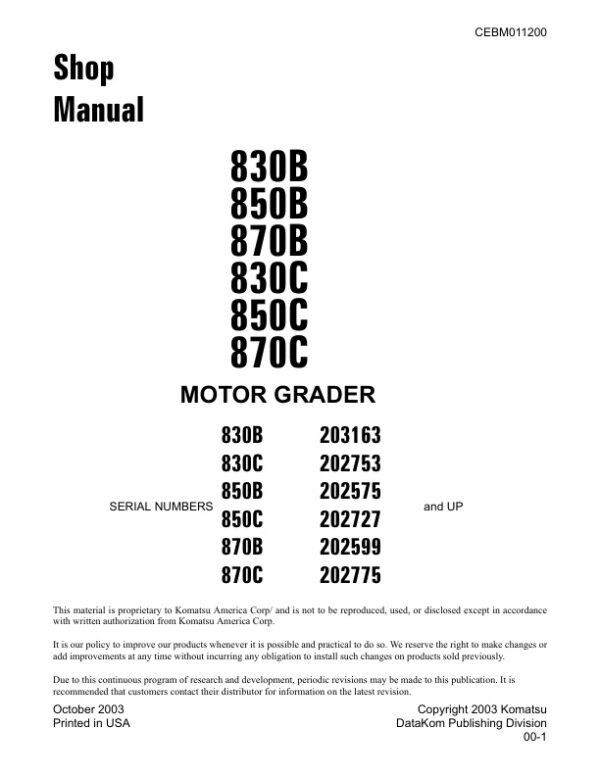 Service manual Komatsu 830B, 850B, 870B, 830C, 850C, 870C | CEBM011200