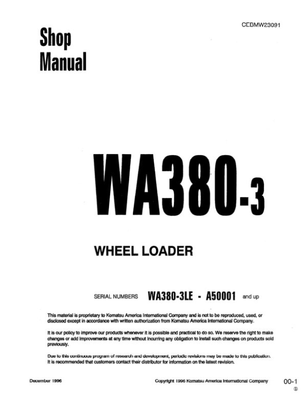 Service manual Komatsu WA380-3, WA380-3LE A50001 & Up | CEBMW23091