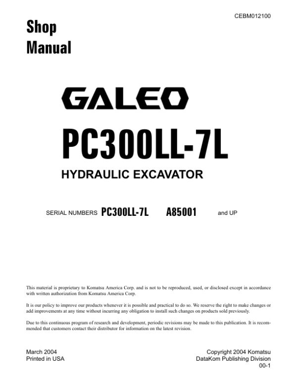 Service manual Komatsu PC300LL-7L A85001 & Up | CEBM012100