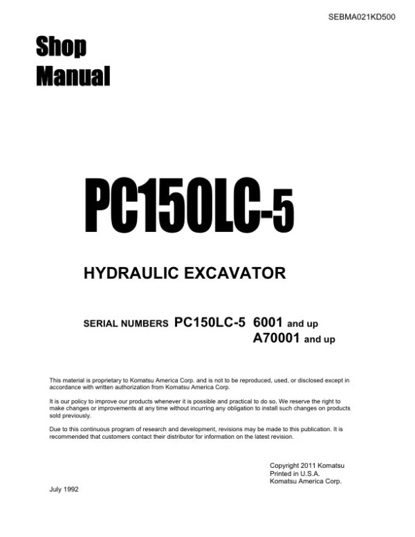 Service manual Komatsu PC150LC-5 6001 & Up, A70001 & Up | SEBMA021KD500