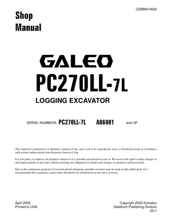 Service manual Komatsu PC270LL-7L A86001 & Up | CEBM014600