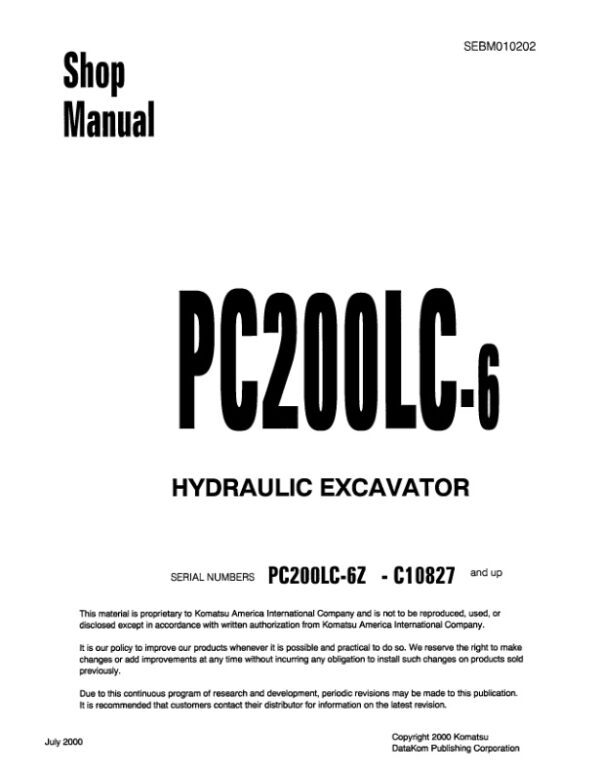 Service manual Komatsu PC200LC-6, PC200LC-6Z C10827 & Up | SEBM010202