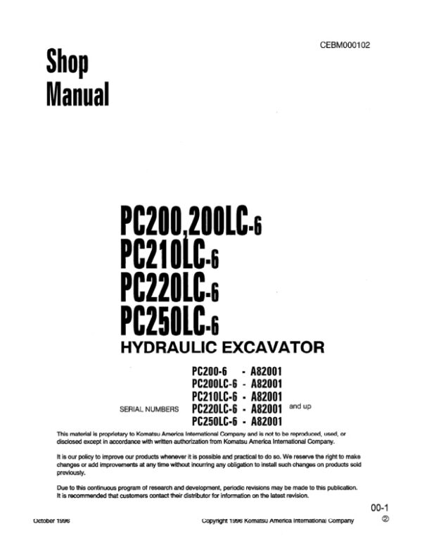 Service manual Komatsu PC200-6, PC200LC-6, PC210LC-6, PC220LC-6, PC250LC-6 A82001 & Up | CEBM000102