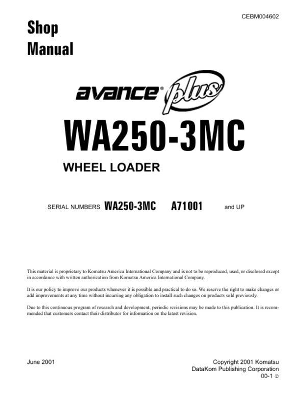 Service manual Komatsu WA250-3MC A71001 & Up | CEBM004602