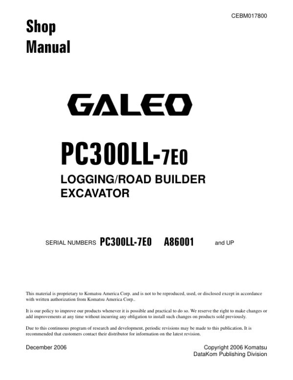 Service manual Komatsu PC300LL-7E0 A86001 & Up | CEBM017800