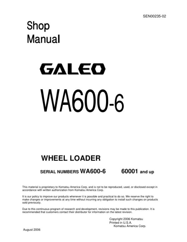 Service manual Komatsu WA600-6 60001 & Up | SEN00235-02