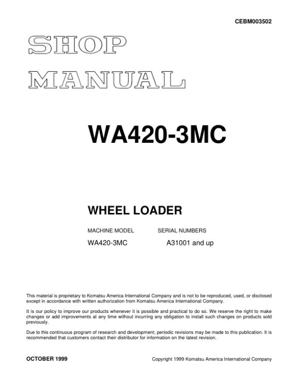 Service manual Komatsu WA420-3MC A31001 & Up | CEBM003502