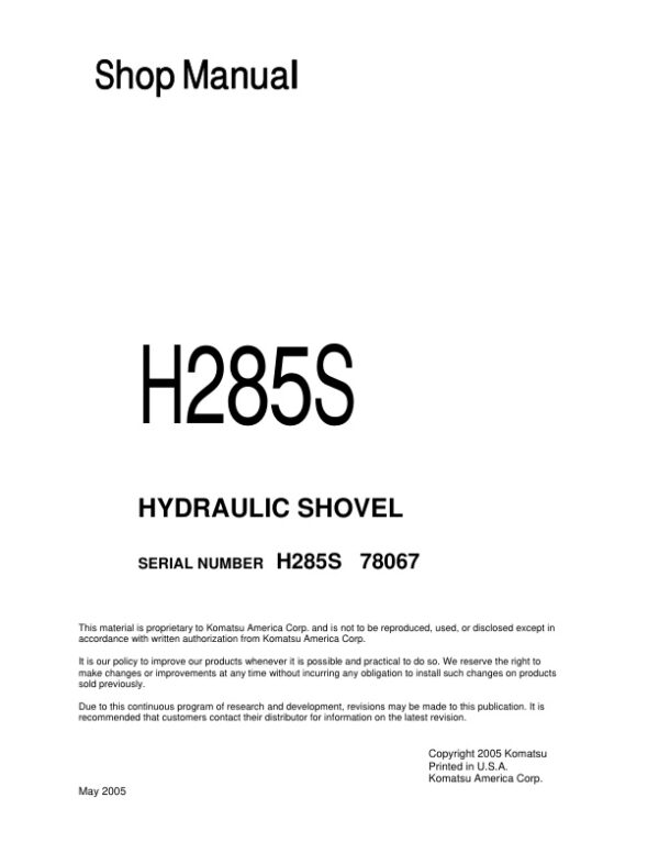 Service manual Komatsu H285S 78067 | H285S78067SM