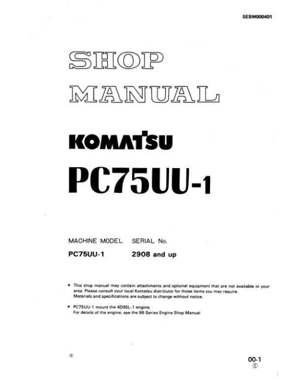 Service manual Komatsu PC75UU-1 2908 & Up | SEBM000401