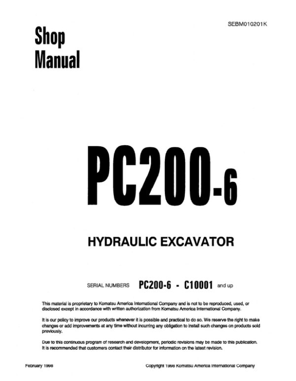 Service manual Komatsu PC200-6 C10001 & Up | SEBM010201K