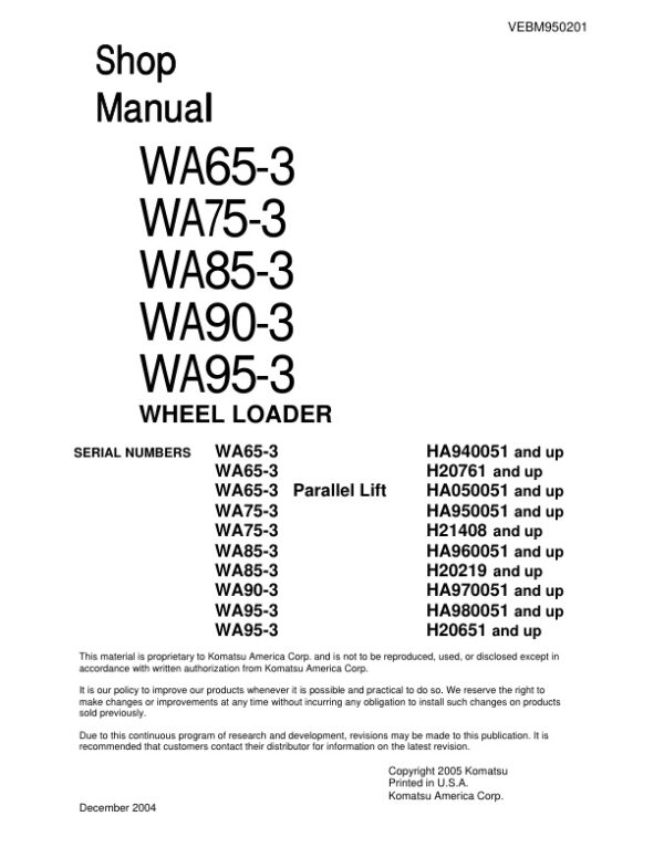 Service manual Komatsu WA65-3, WA75-3, WA85-3, WA90-3, WA95-3 | VEBM950201