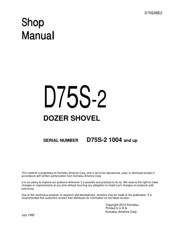 Service manual Komatsu D75S-2 1004 & Up | D75S2BE2