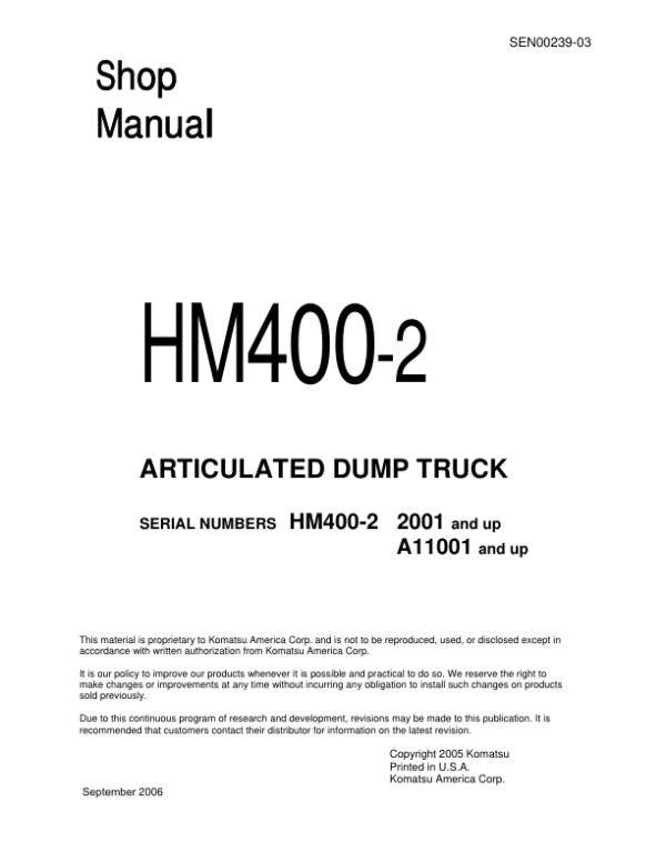 Service manual Komatsu HM400-2 2001 & Up, A11001 & Up | SEN00239-03