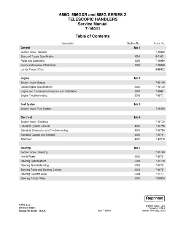 Service manual Case 686GXR, 686G, 688G Series 2 Telescopic Handler | 7-16041