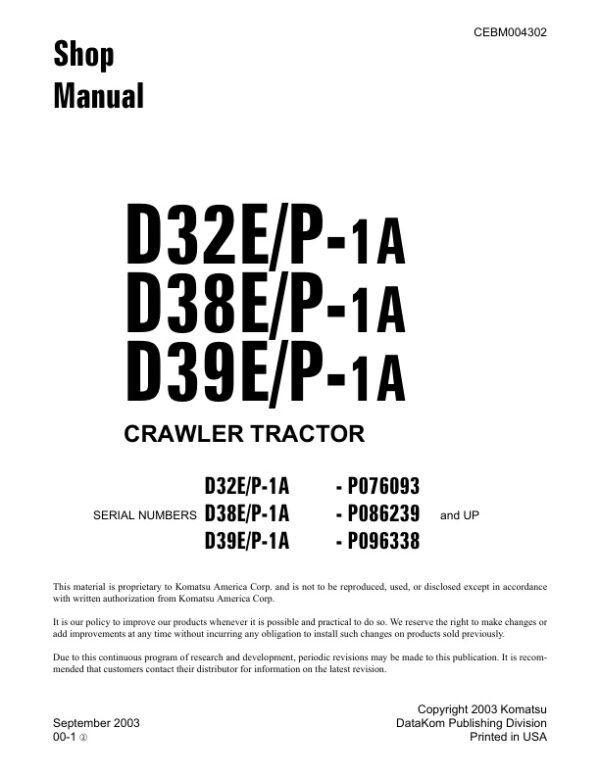 Service manual Komatsu D32E-1, D32P-1, D38E-1, D38P-1, D39E-1, D39P-1 | CEBM004302