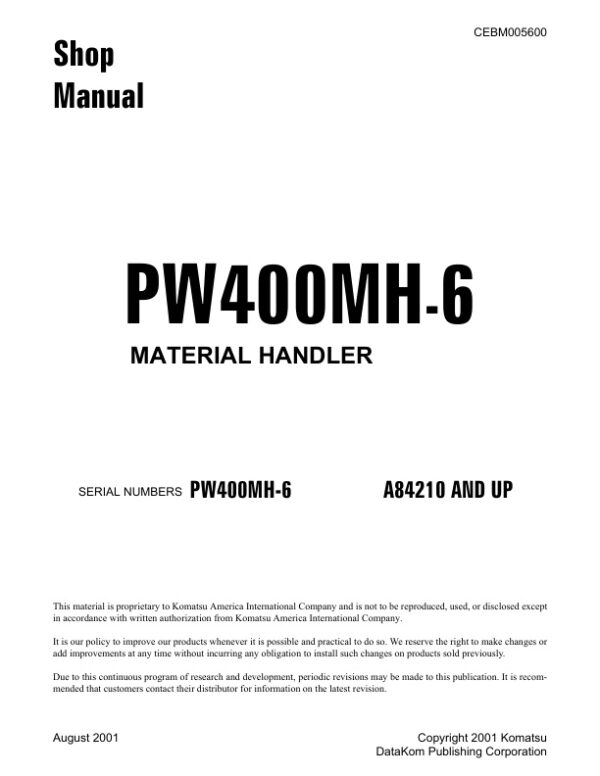 Service manual Komatsu PW400MH-6 A84210 & Up | CEBM005600