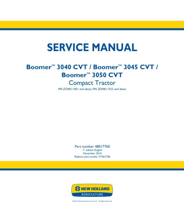 Service manual New Holland Boomer 3040, 3045, 3050 CVT | 48017760