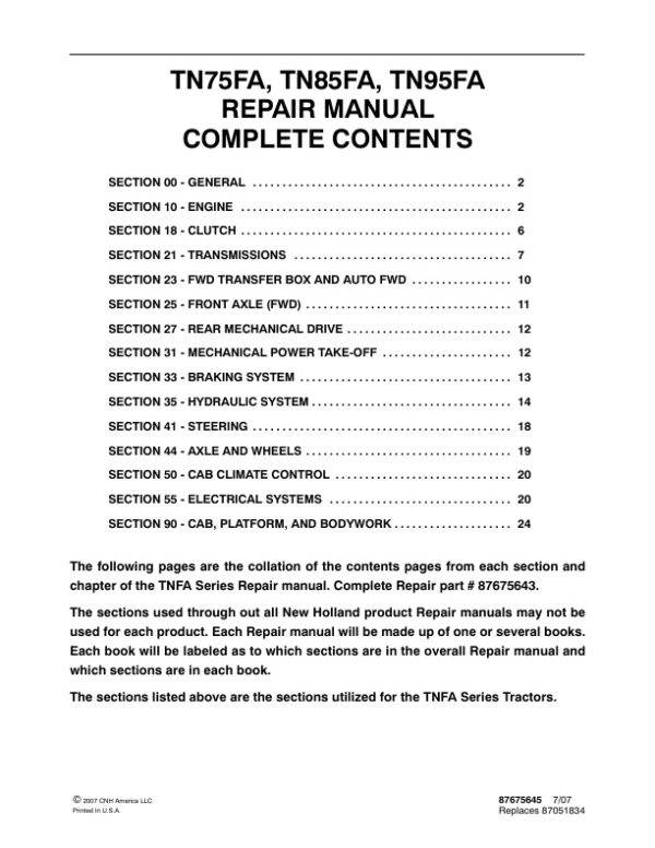 Service manual New Holland TN75FA, TN85FA, TN95FA Tractors | 87675645