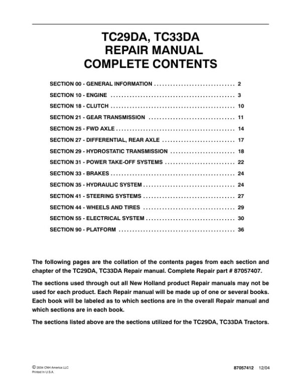 Service manual New Holland TC29DA, TC33DA Tractors | 87057412